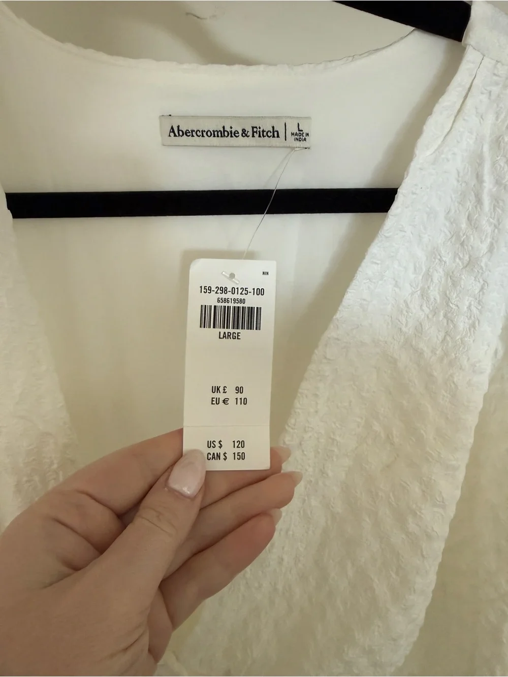 Abercrombie & Fitch White Textured V-Neck Midi Dress with Tie